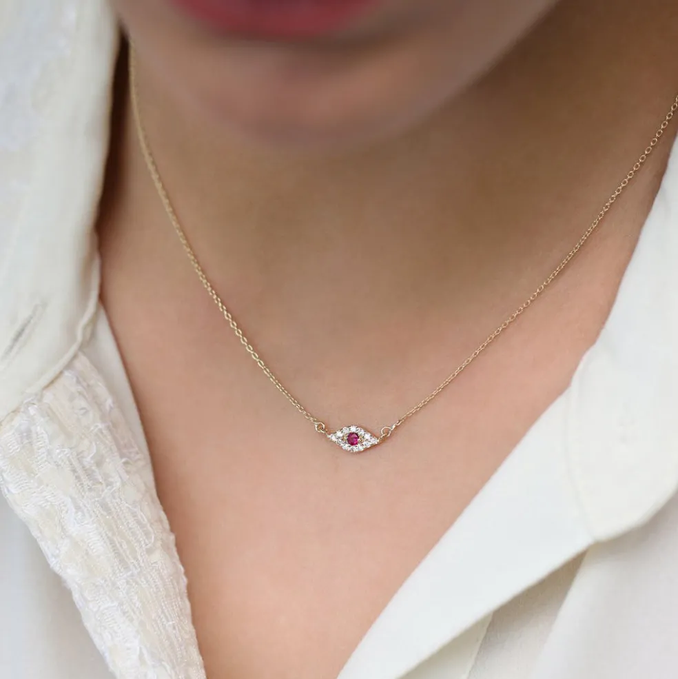14K Gold Diamond and Ruby Evil Eye Necklace