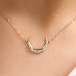 14K Gold Diamond Crescent Moon Necklace
