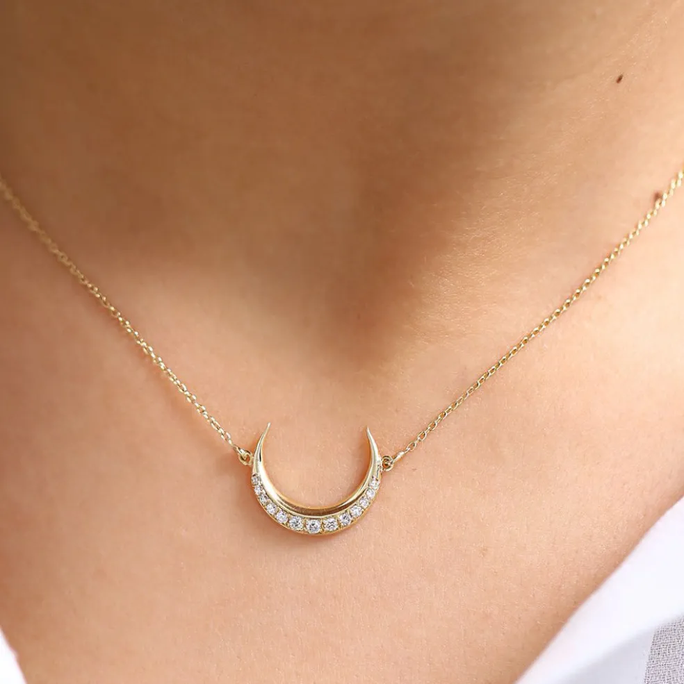 14K Gold Diamond Crescent Moon Necklace