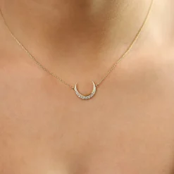14K Gold Diamond Crescent Moon Necklace
