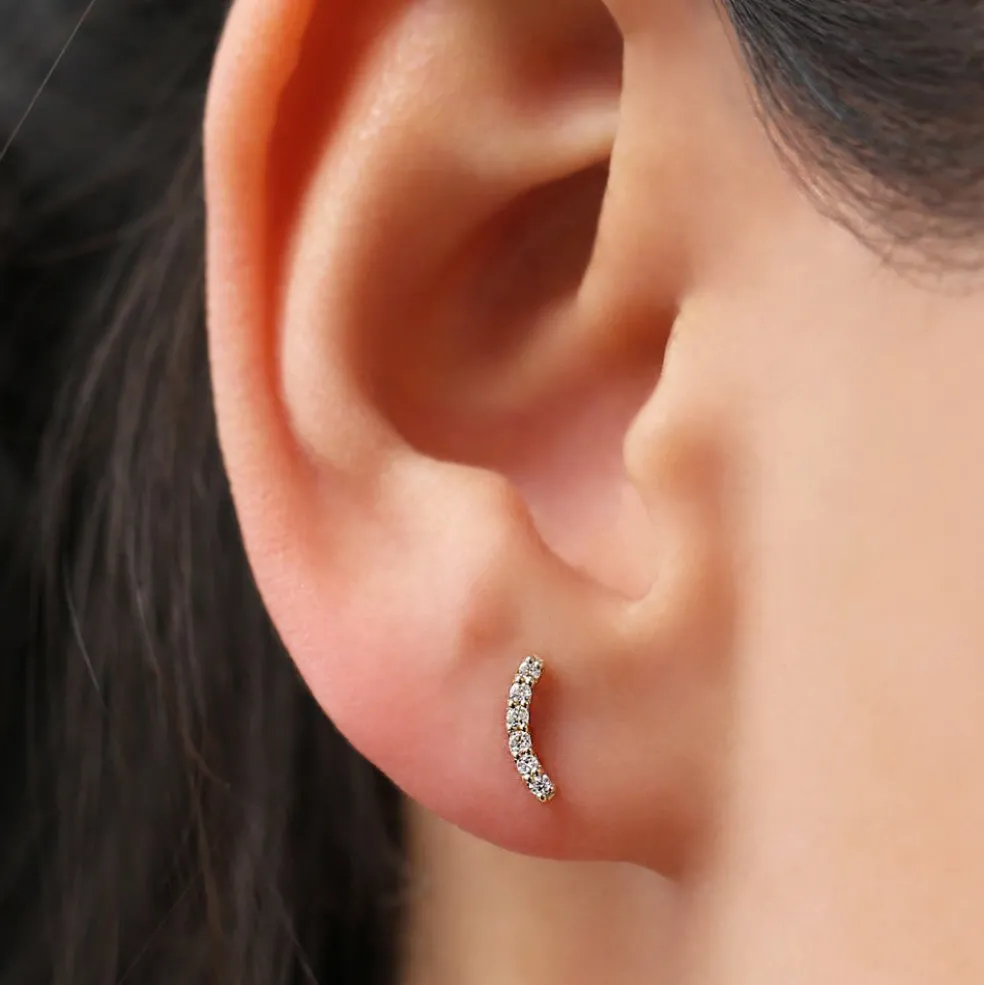 14K Gold Diamond Curved Bar Stud Earrings