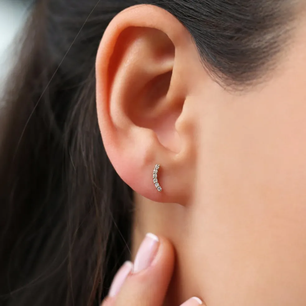 14K Gold Diamond Curved Bar Stud Earrings