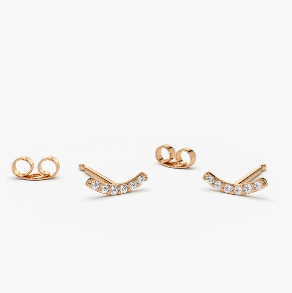 14K Gold Diamond Curved Bar Stud Earrings
