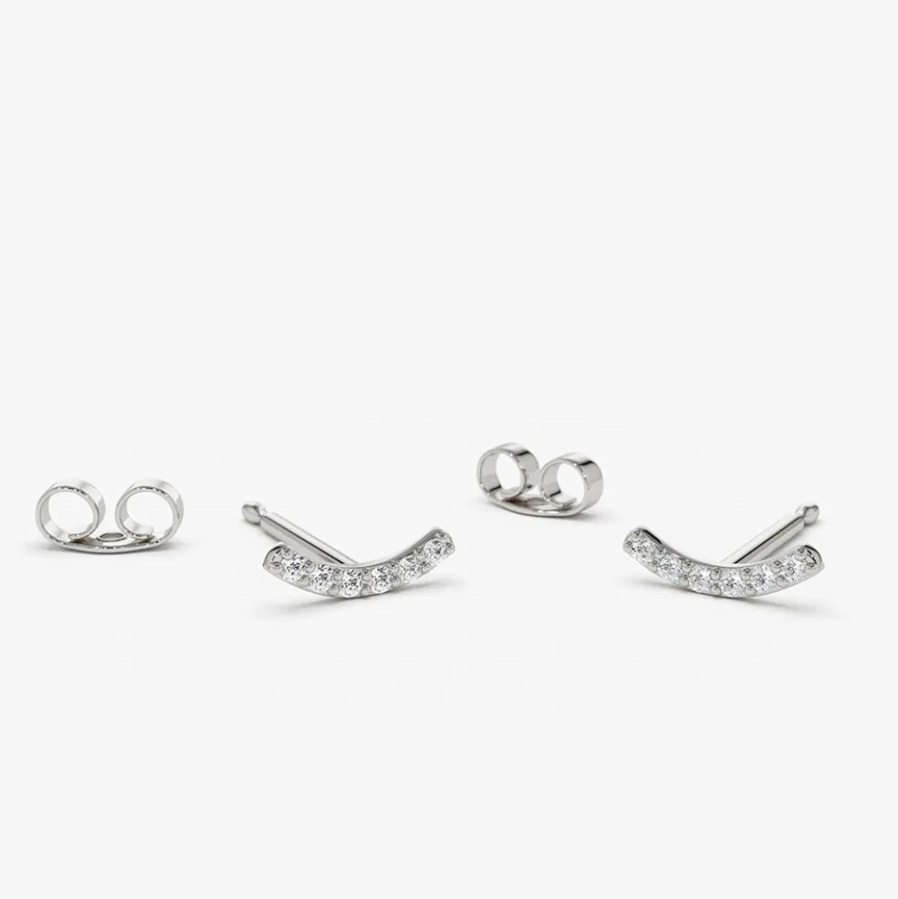14K Gold Diamond Curved Bar Stud Earrings