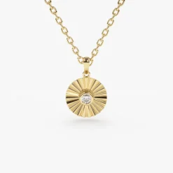 14K Gold Diamond Disc Ray Necklace