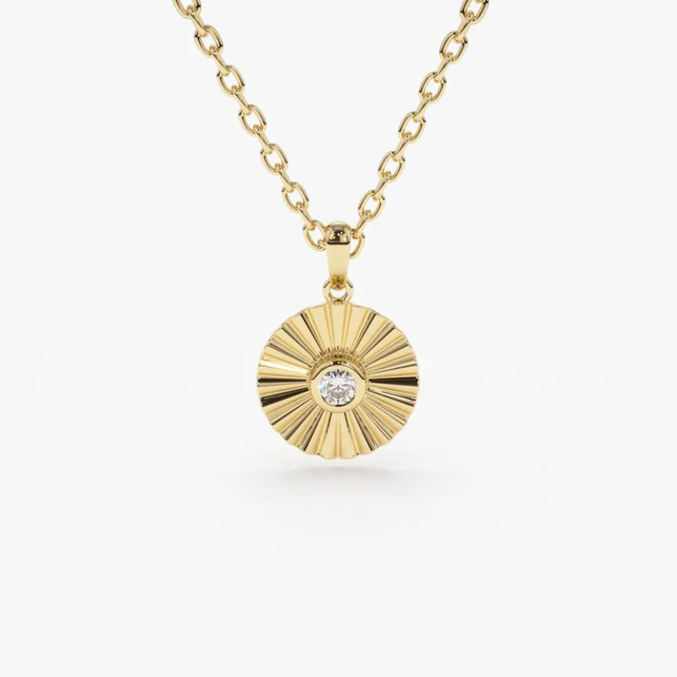 14K Gold Diamond Disc Ray Necklace
