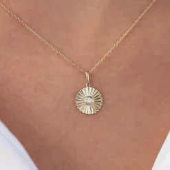 14K Gold Diamond Disc Ray Necklace