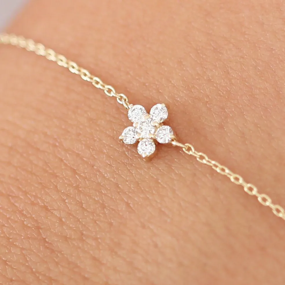 14K Gold Diamond Flower Charm Bracelet