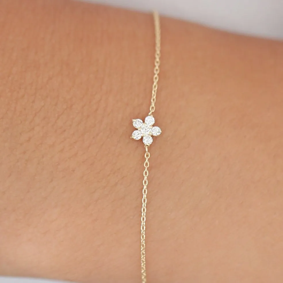 14K Gold Diamond Flower Charm Bracelet
