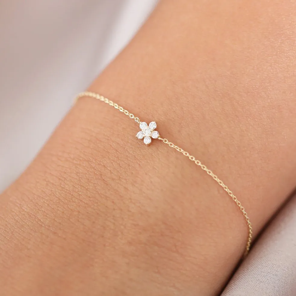 14K Gold Diamond Flower Charm Bracelet