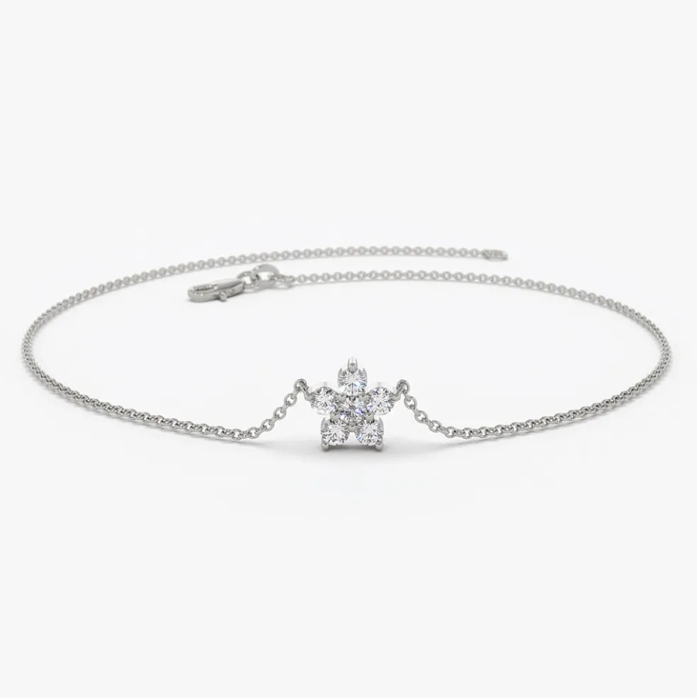 14K Gold Diamond Flower Charm Bracelet