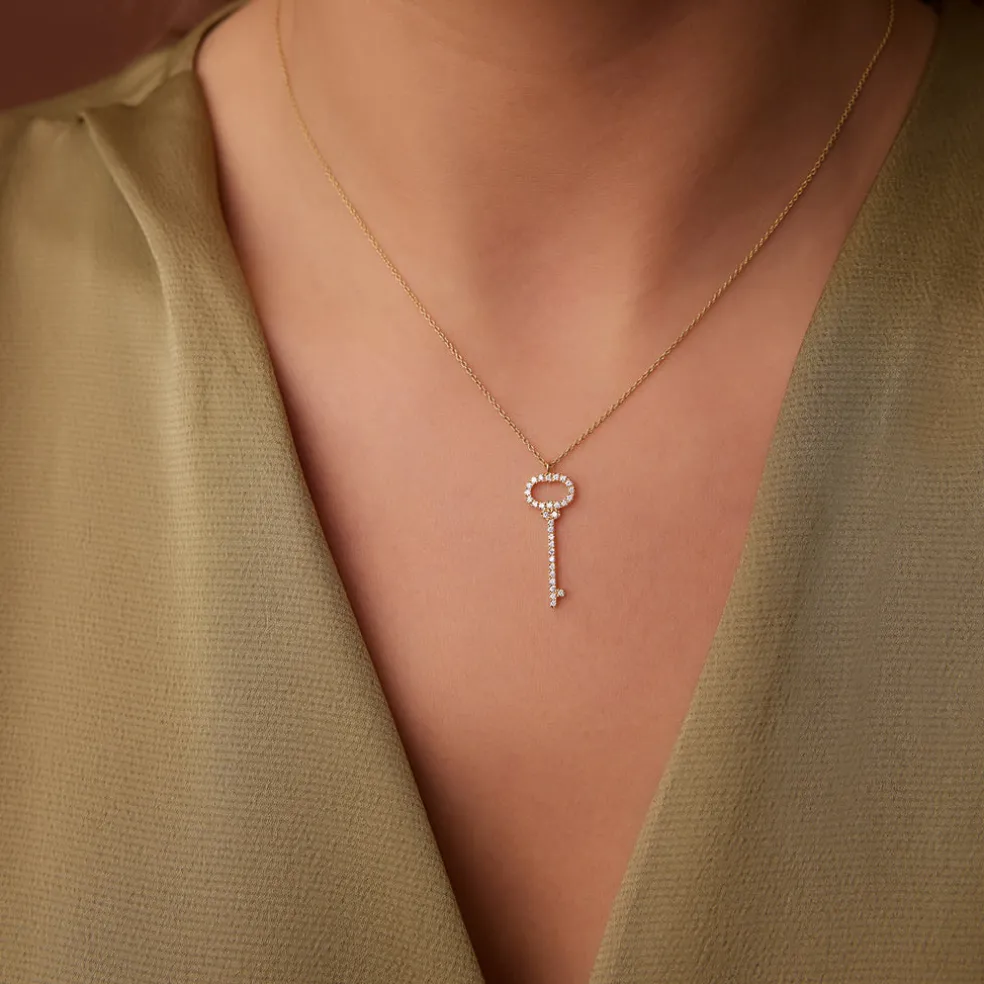 14K Gold Diamond Key Charm Necklace