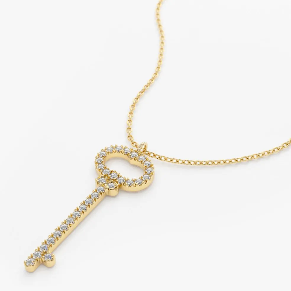 14K Gold Diamond Key Charm Necklace