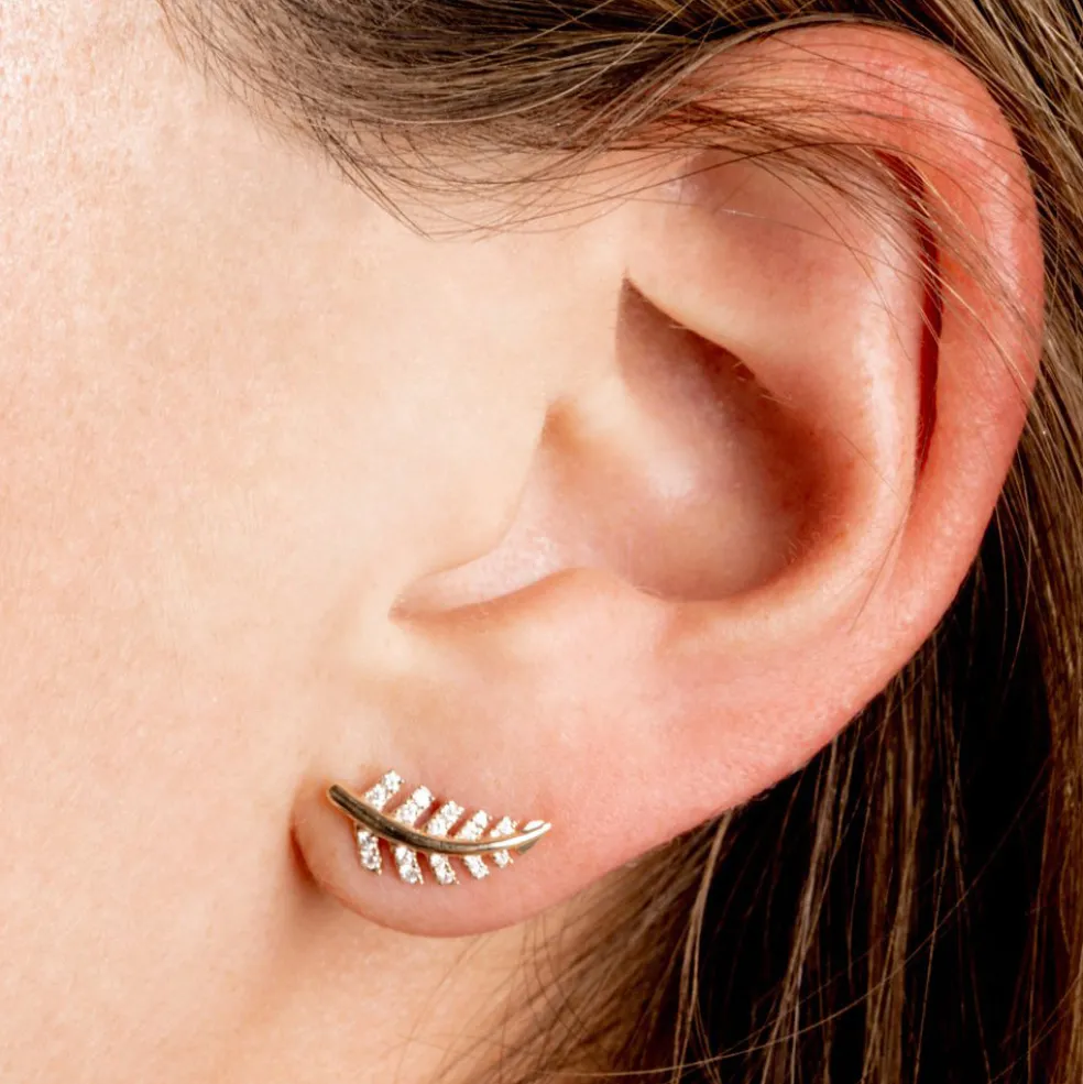 14k Gold Diamond Leaf Earrings