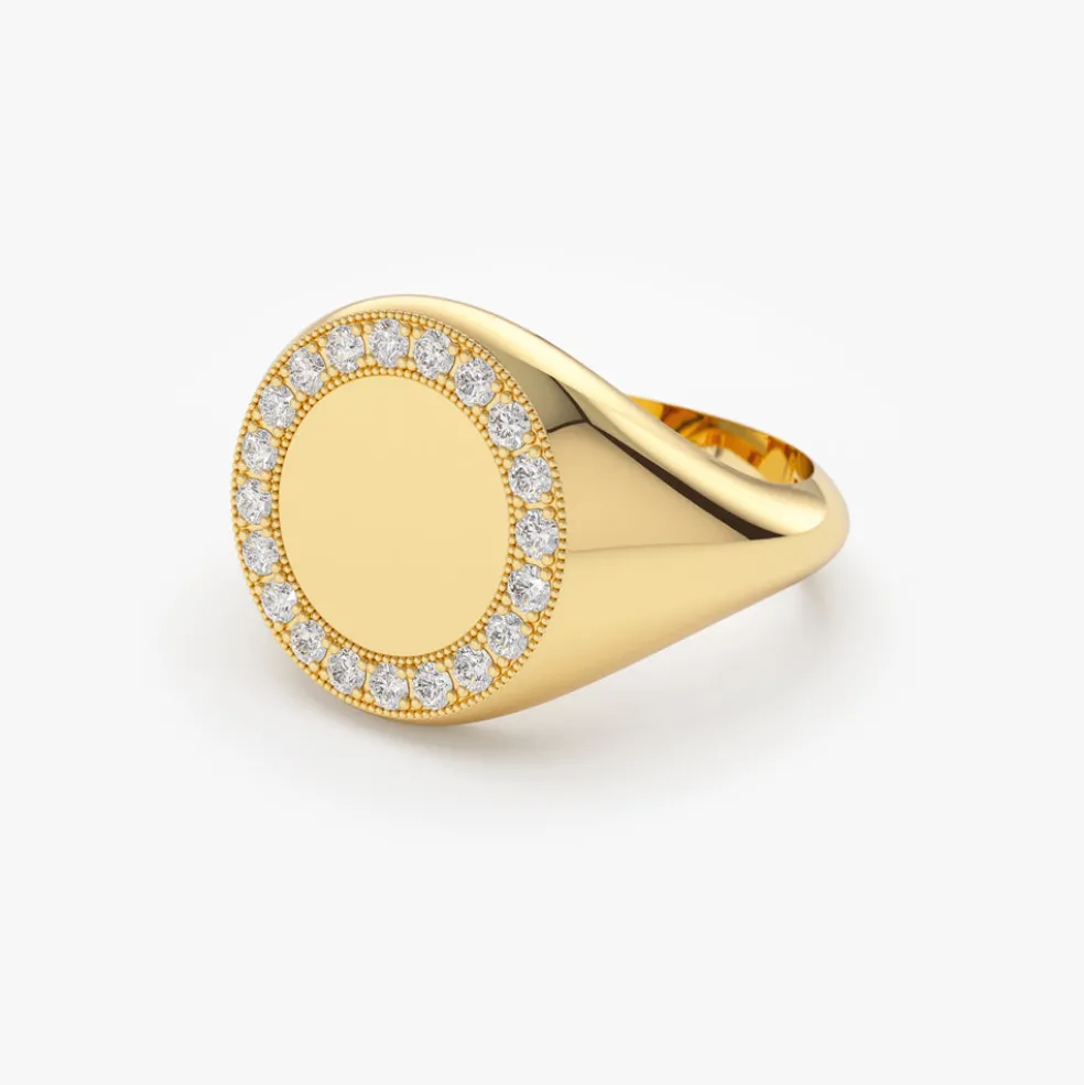 14K Gold Diamond Round Signet Ring