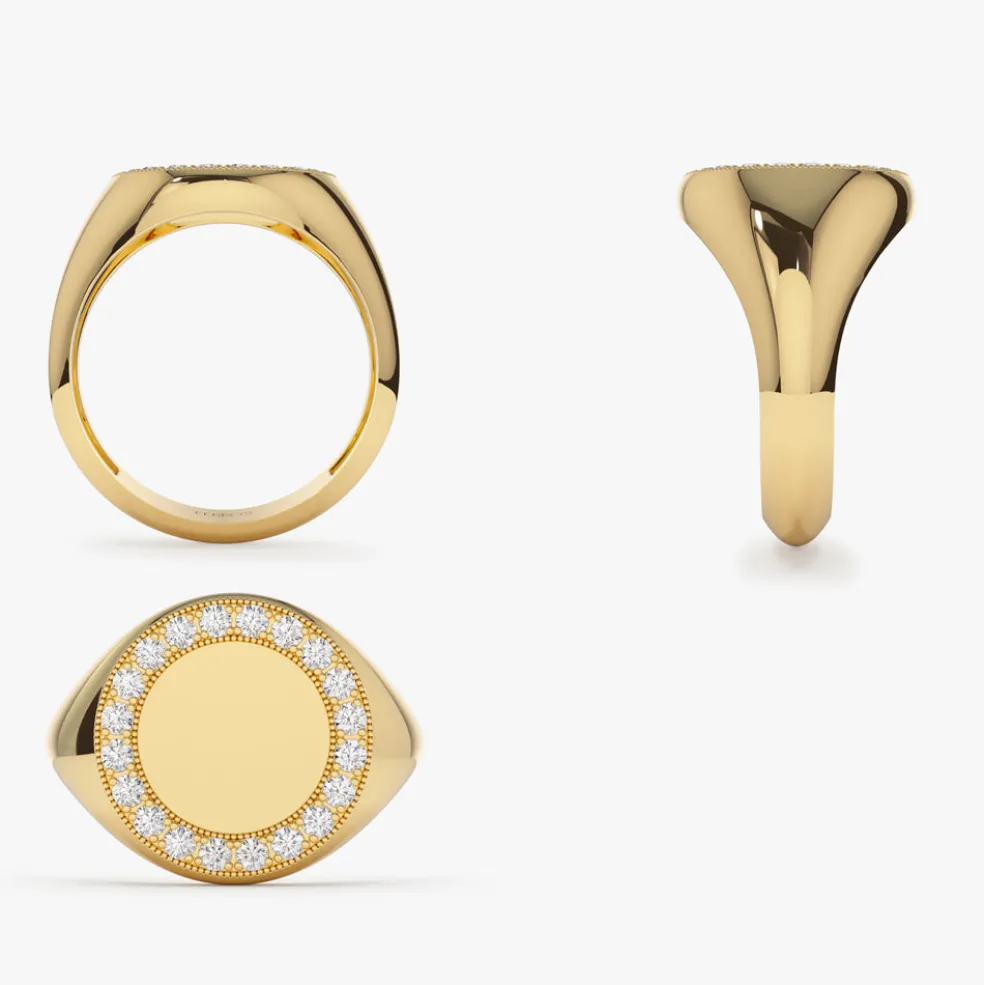 14K Gold Diamond Round Signet Ring