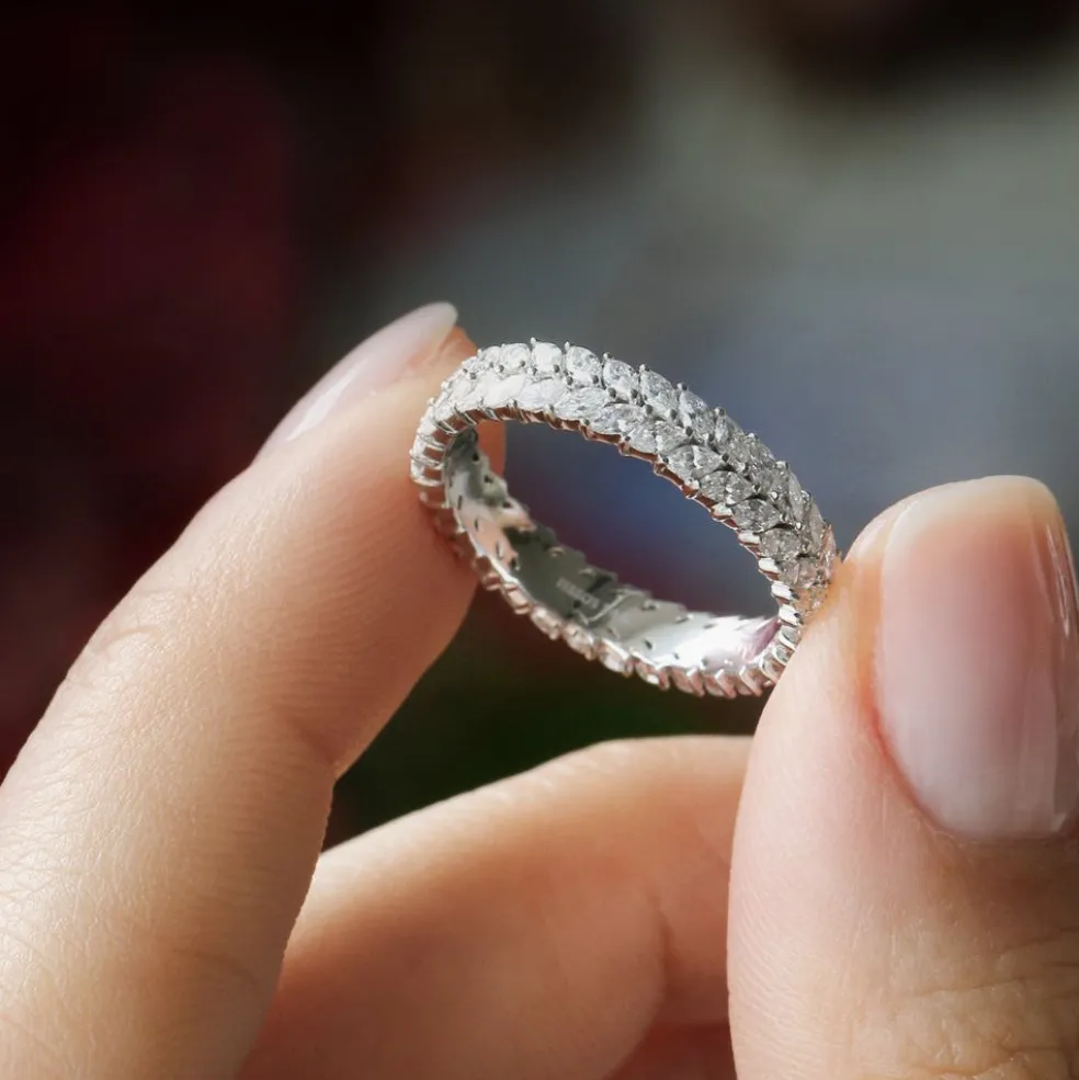 14k Gold Double Row Marquise Diamond Anniversary Ring