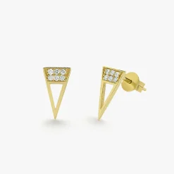 14K Gold Elongated Triangle Earrings with Micro Pave Diamonds