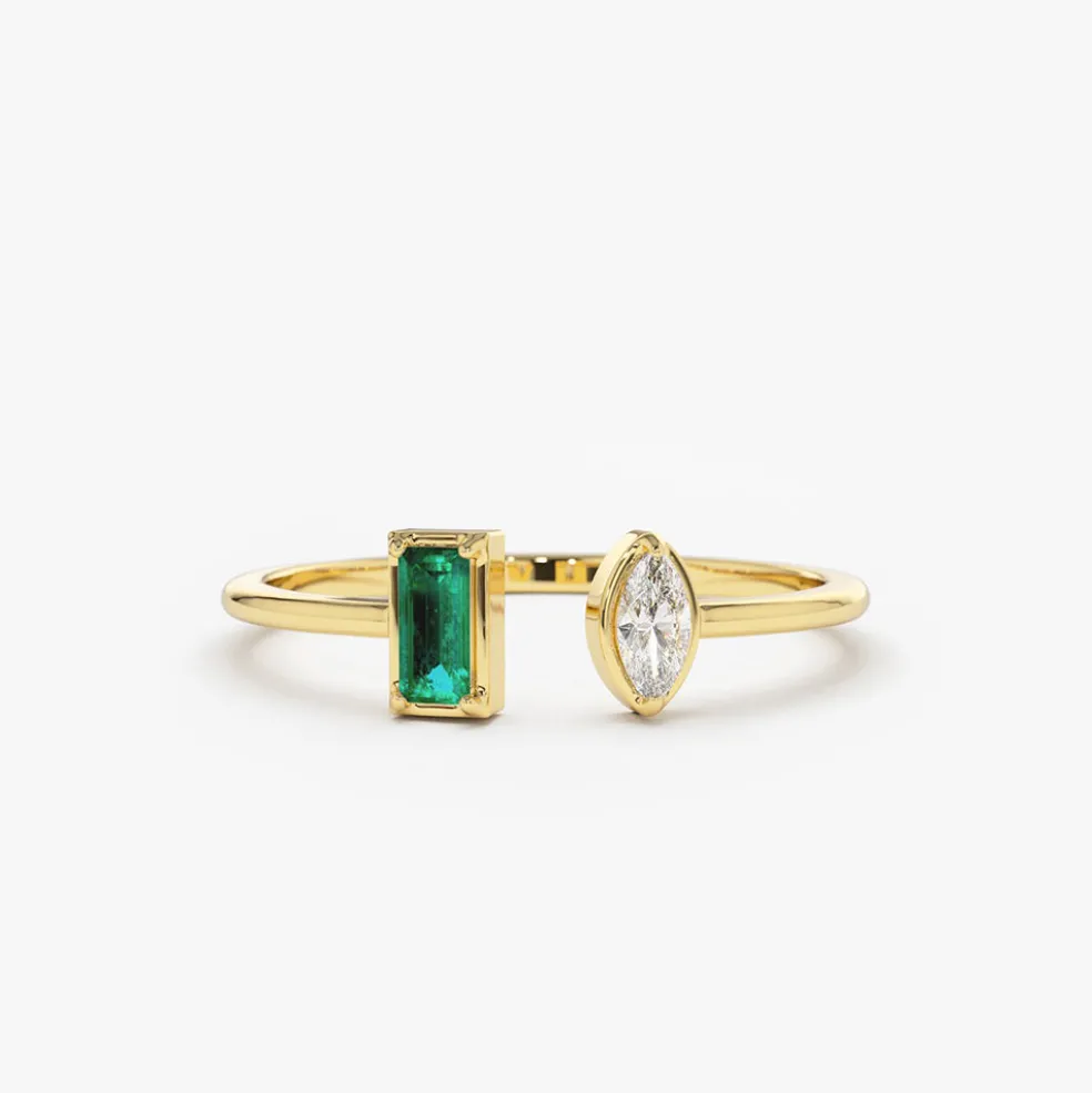 14K Gold Emerald and Diamond Cuff Ring