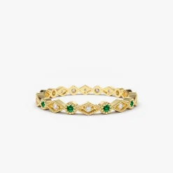 14k Gold Emerald Art Deco Wedding Band