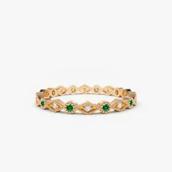 14k Gold Emerald Art Deco Wedding Band