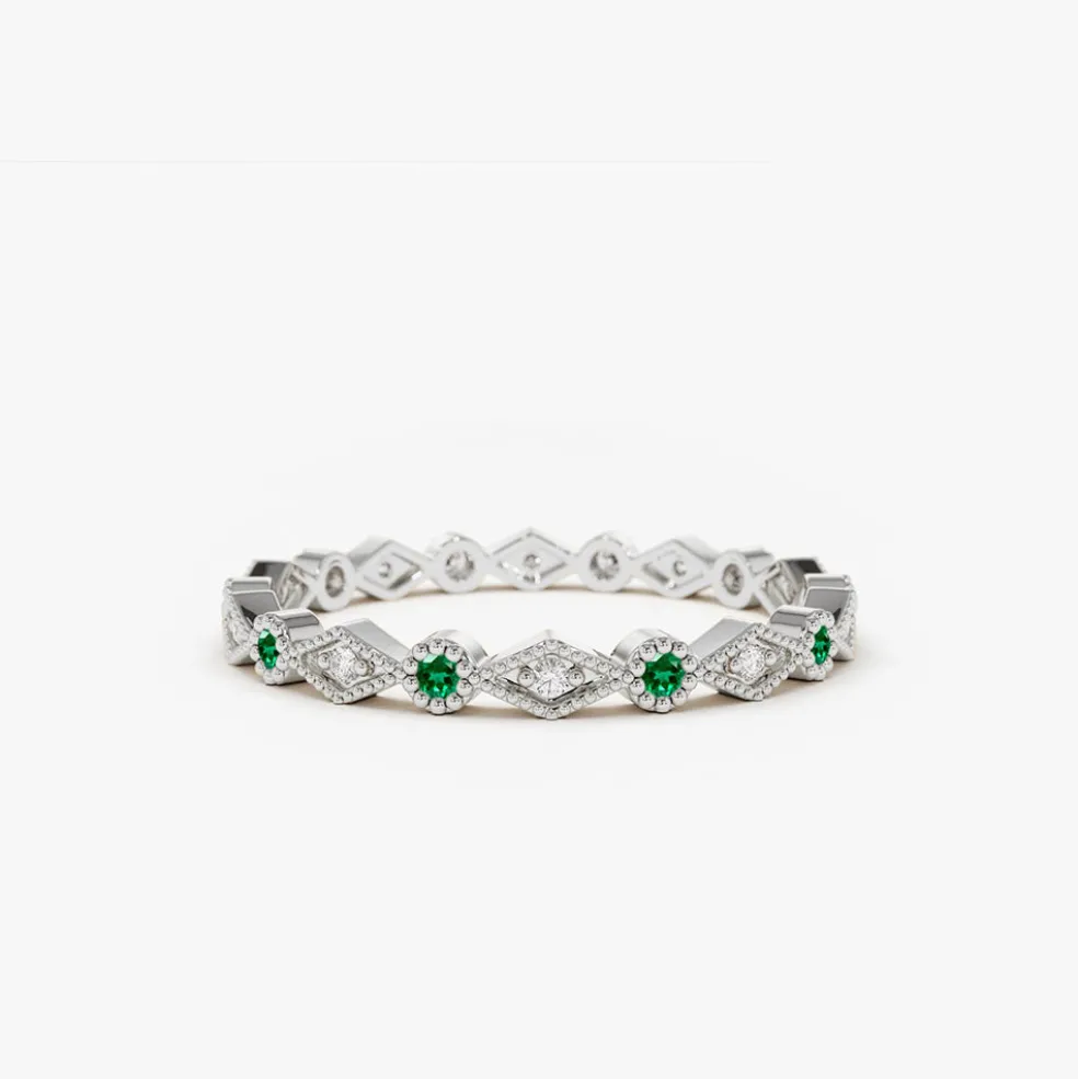 14k Gold Emerald Art Deco Wedding Band