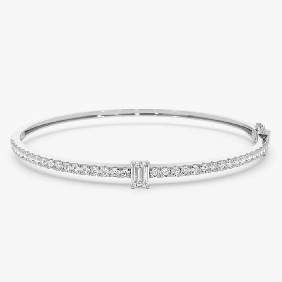 14k Gold Emerald Cut and Round Diamond Bangle