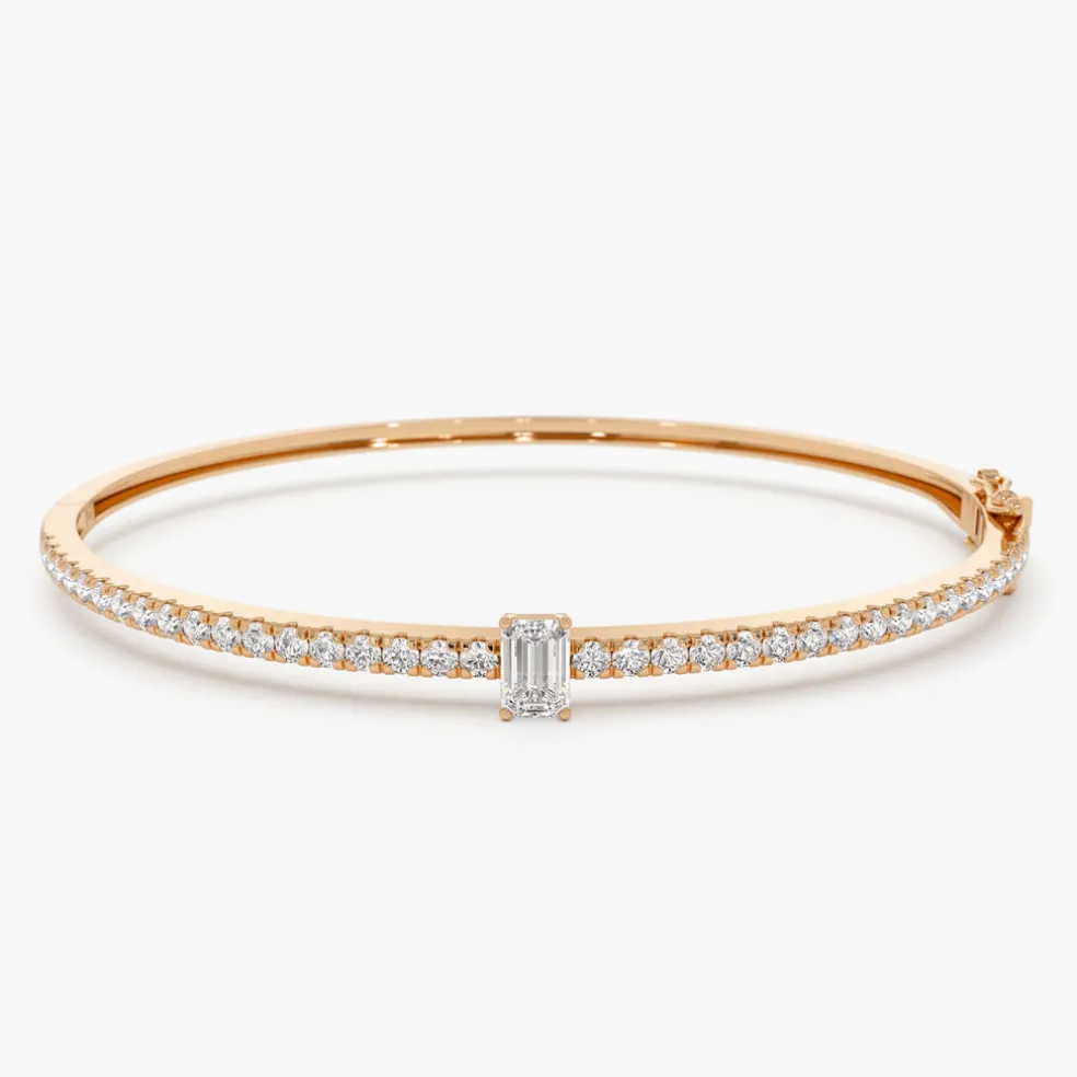 14k Gold Emerald Cut and Round Diamond Bangle