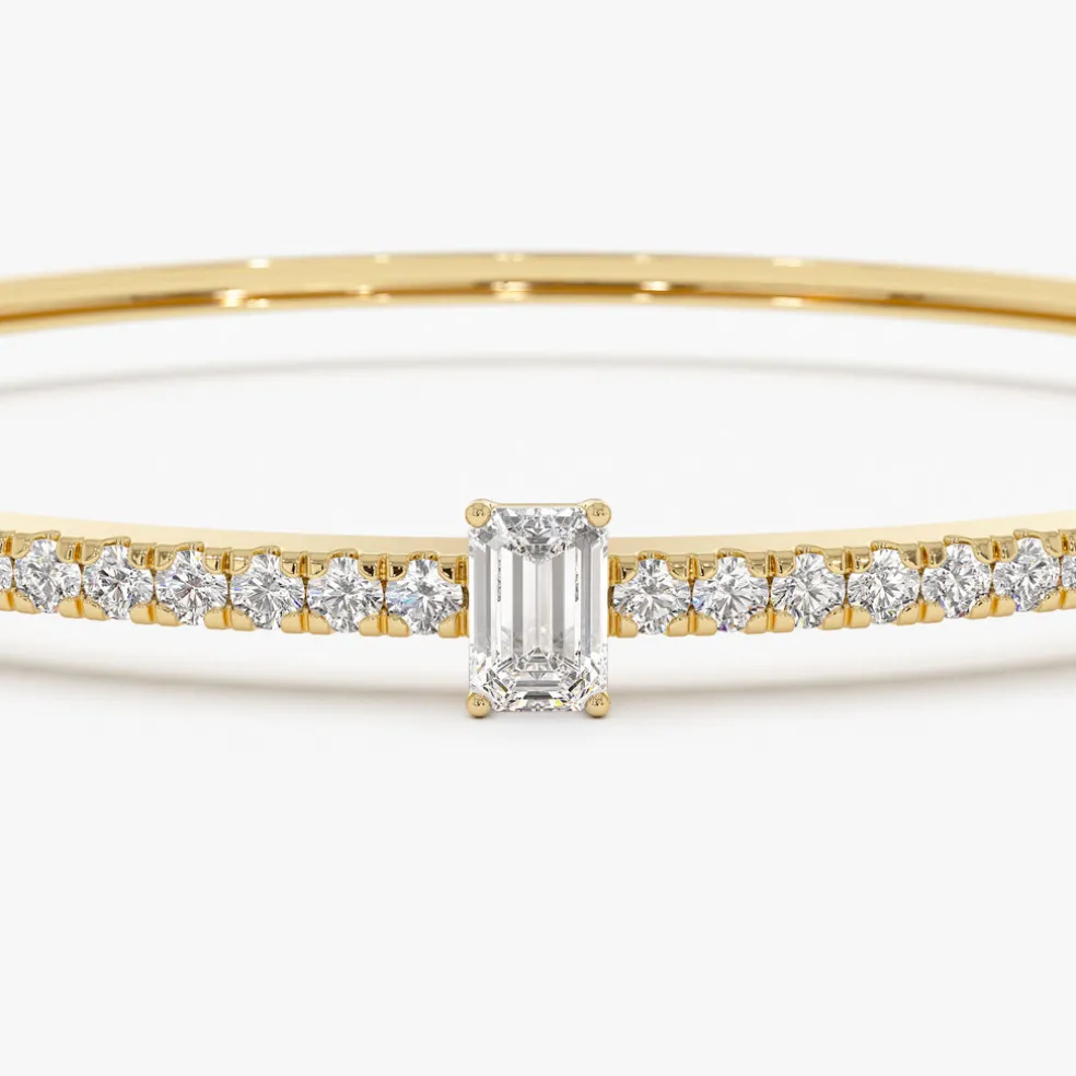 14k Gold Emerald Cut and Round Diamond Bangle