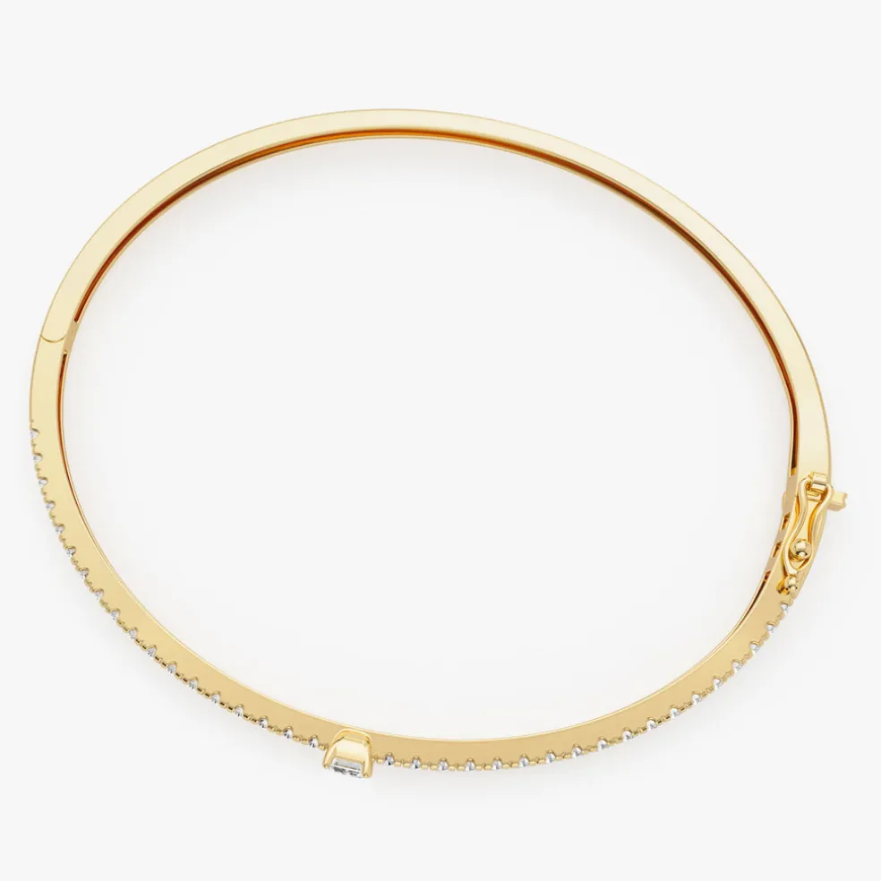14k Gold Emerald Cut and Round Diamond Bangle