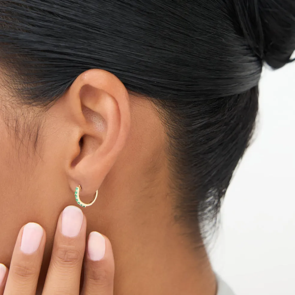 14K Gold Emerald Huggie Hoop Earrings