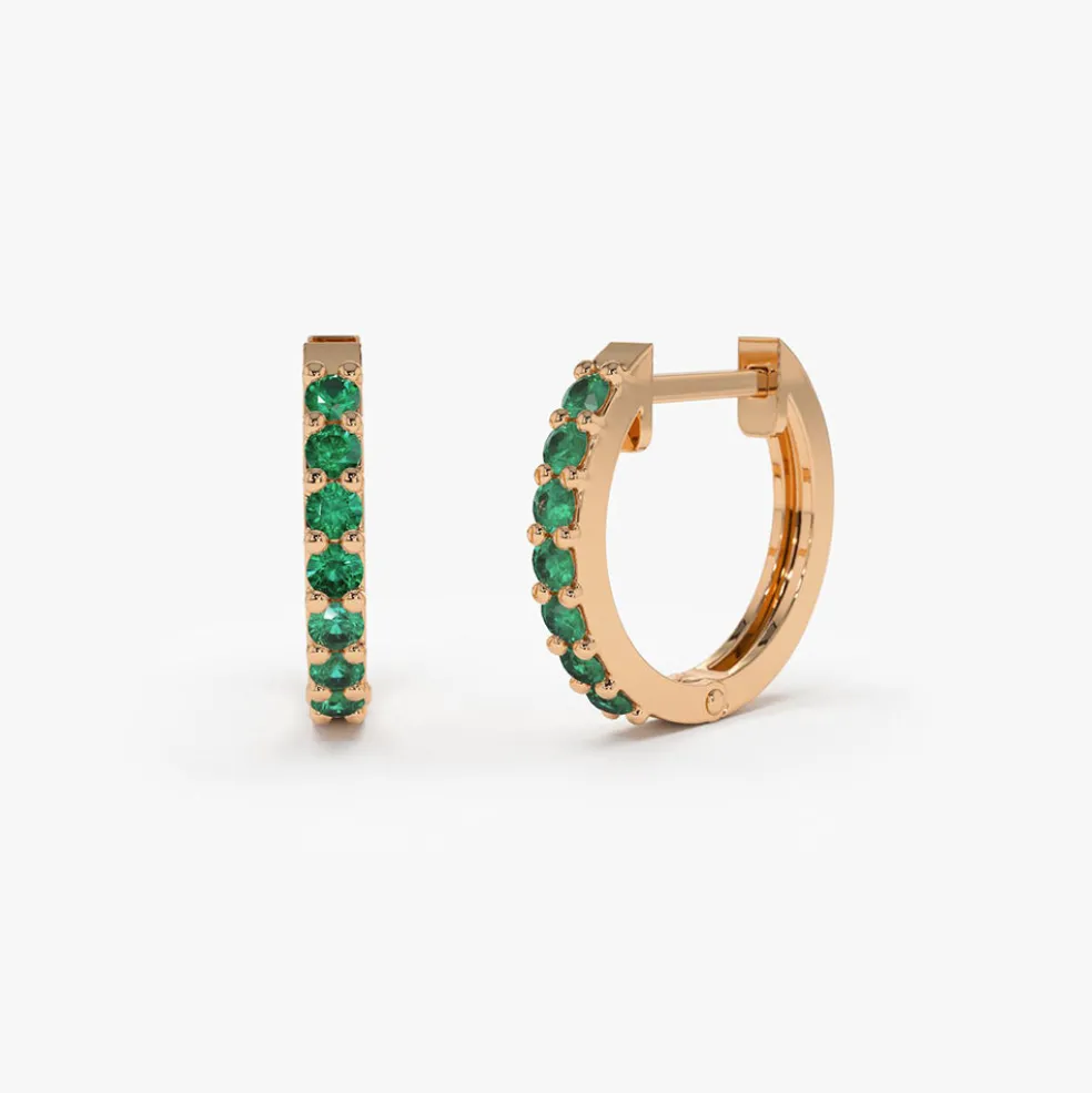 14K Gold Emerald Huggie Hoop Earrings
