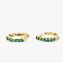 14K Gold Emerald Huggie Hoop Earrings