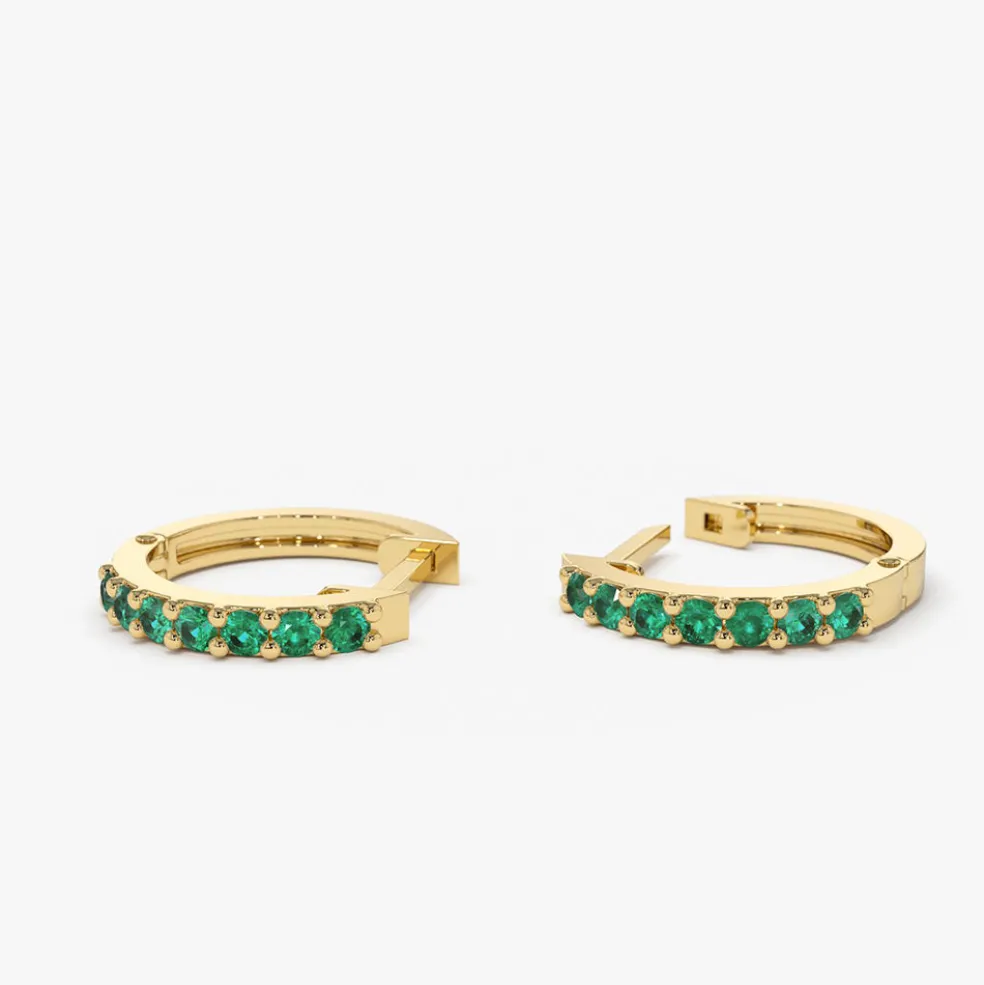 14K Gold Emerald Huggie Hoop Earrings