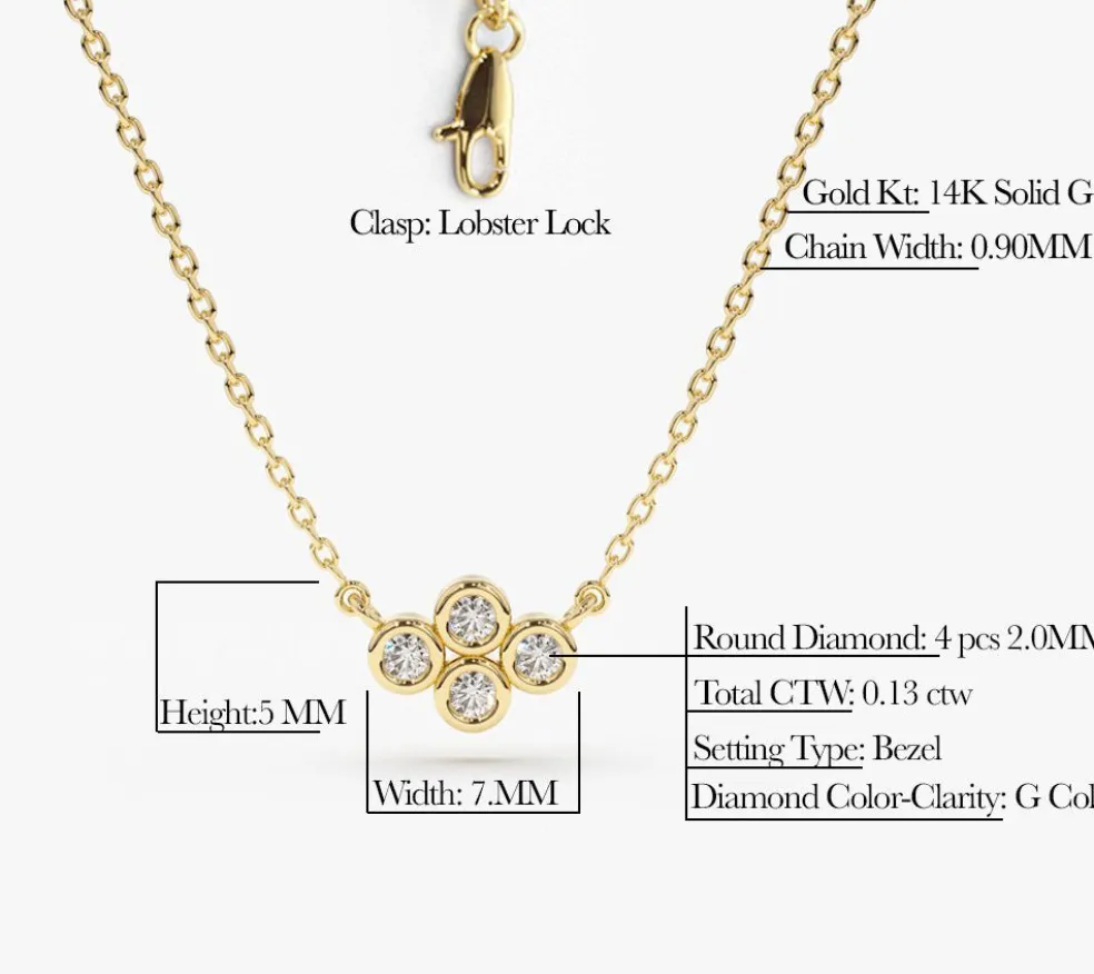 14K Gold Four Stone Diamond Cluster Necklace
