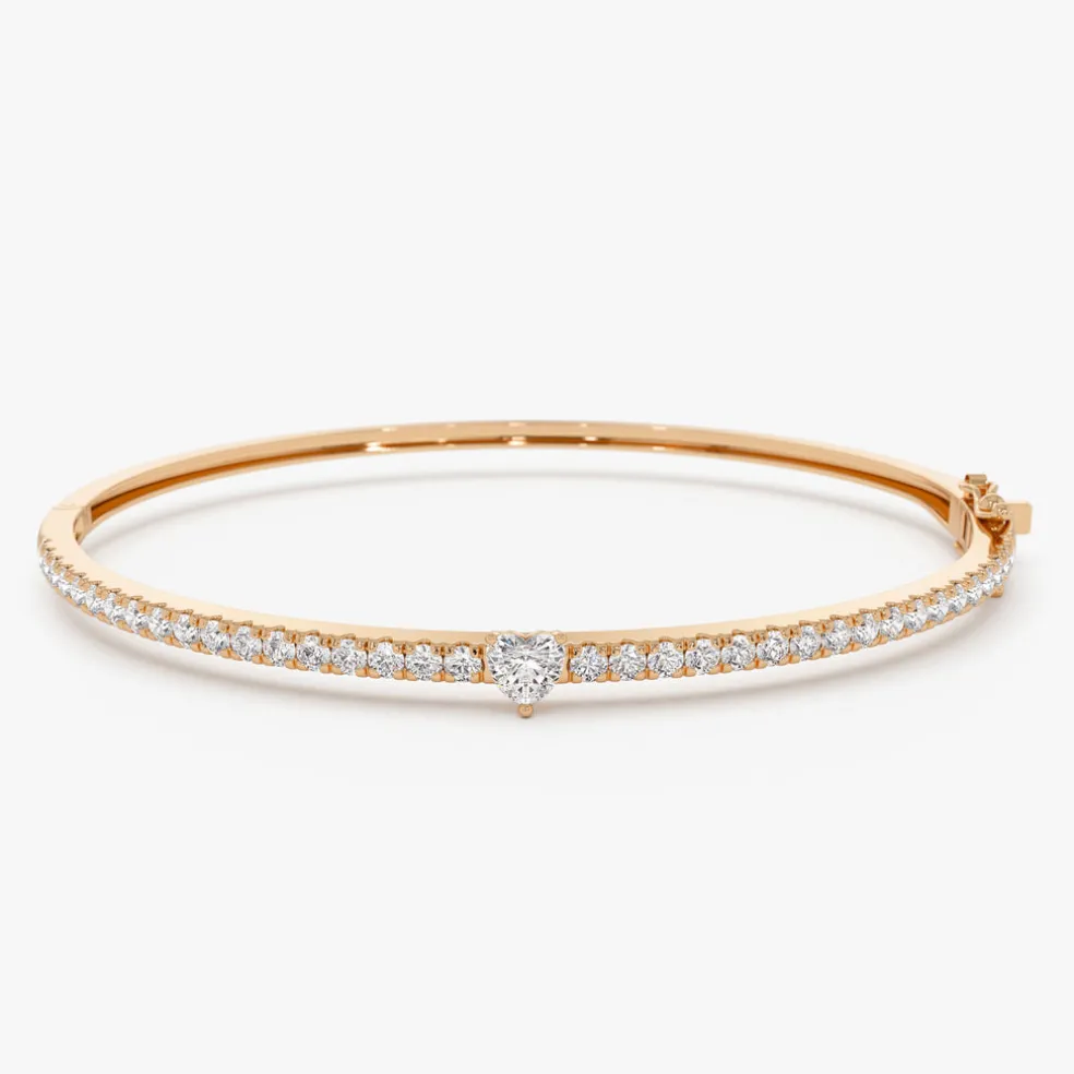14k Gold Heart Shaped and Round Diamond Bangle