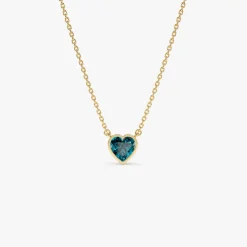 14K Gold Heart Shaped London Blue Topaz Layering Necklace