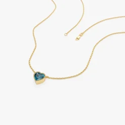 14K Gold Heart Shaped London Blue Topaz Layering Necklace