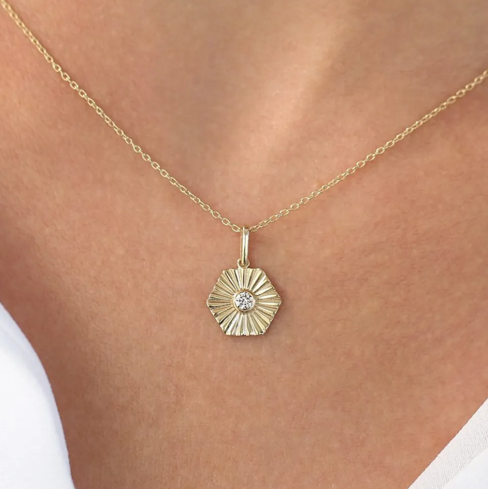 14K Gold Hexagon Diamond Disc Ray Necklace