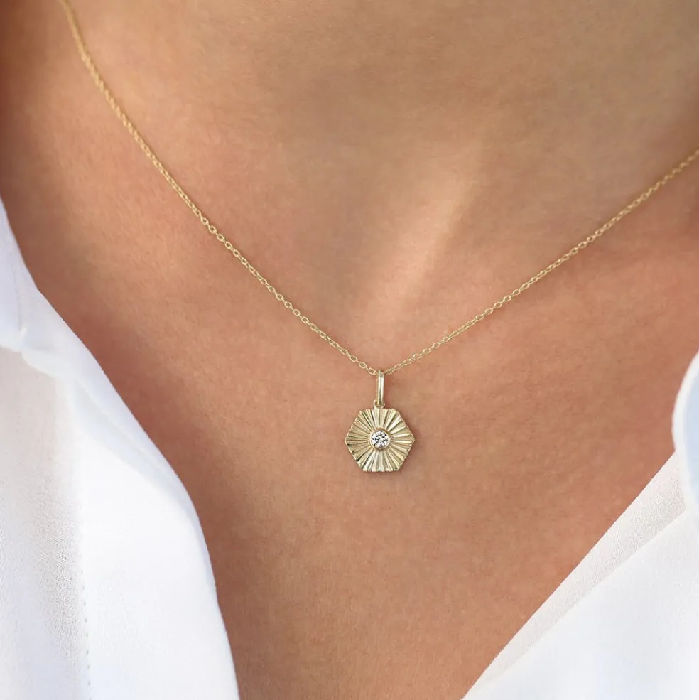 14K Gold Hexagon Diamond Disc Ray Necklace