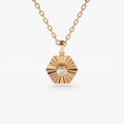 14K Gold Hexagon Diamond Disc Ray Necklace