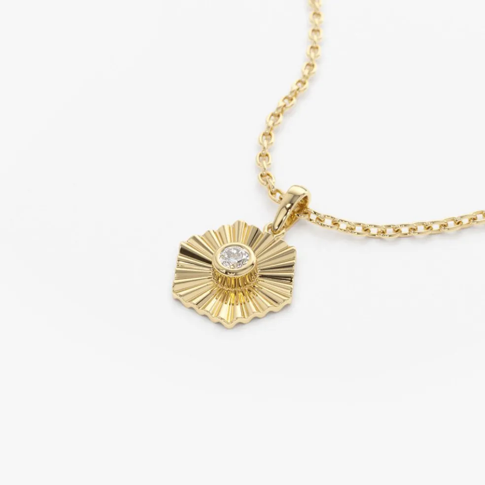 14K Gold Hexagon Diamond Disc Ray Necklace
