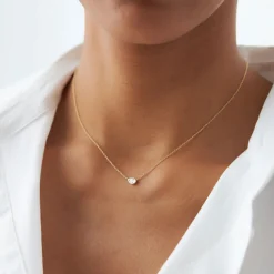 14K Gold Horizontal Pear Shape Diamond Solitaire Necklace