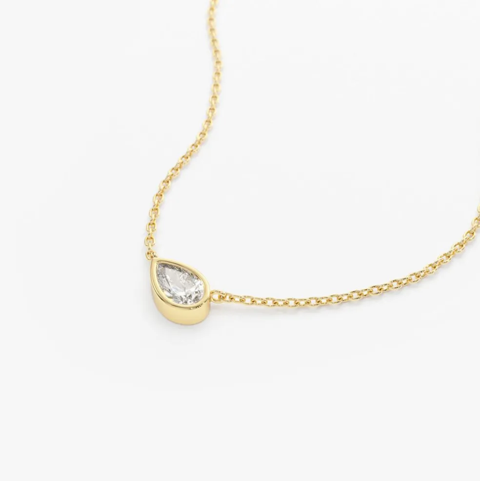 14K Gold Horizontal Pear Shape Diamond Solitaire Necklace