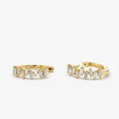 14K Gold Horizontal Set Mini Baguette Diamond Huggie