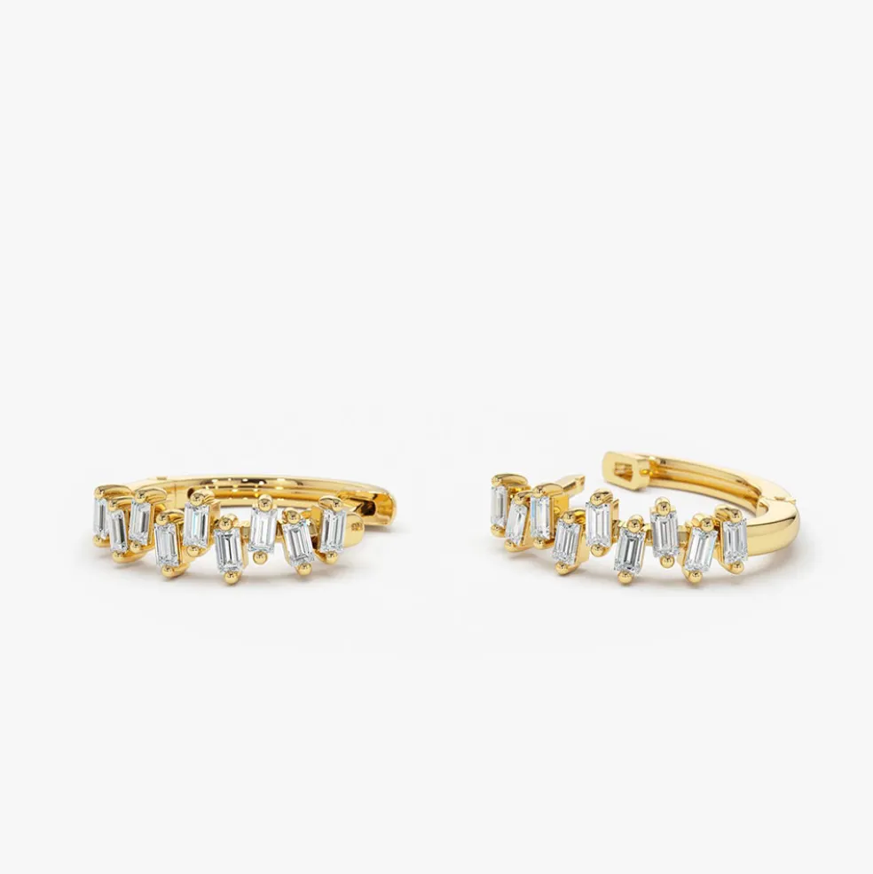 14K Gold Horizontal Set Mini Baguette Diamond Huggie
