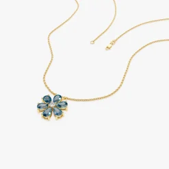 14K Gold London Blue Topaz Flower Necklace