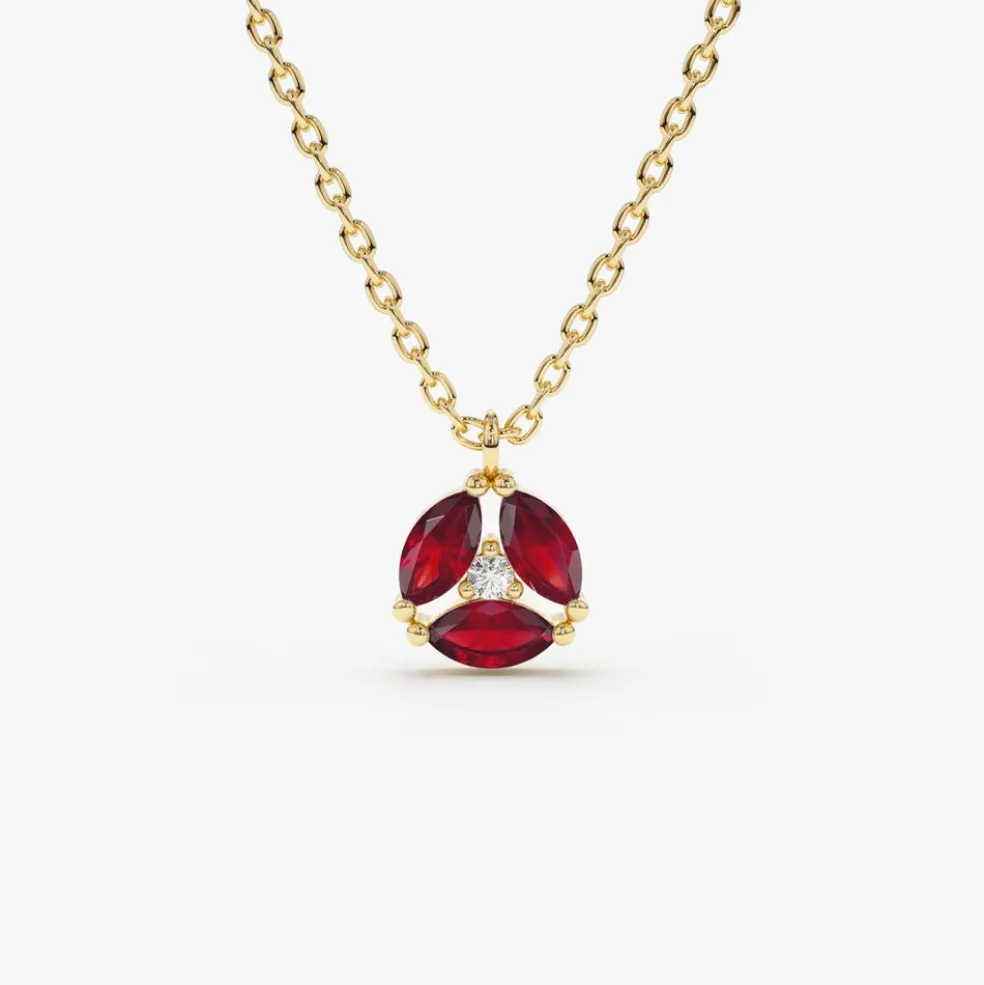 14K Gold Marquise Ruby Cluster Necklace