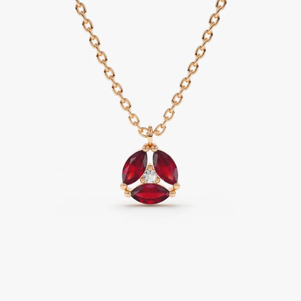 14K Gold Marquise Ruby Cluster Necklace