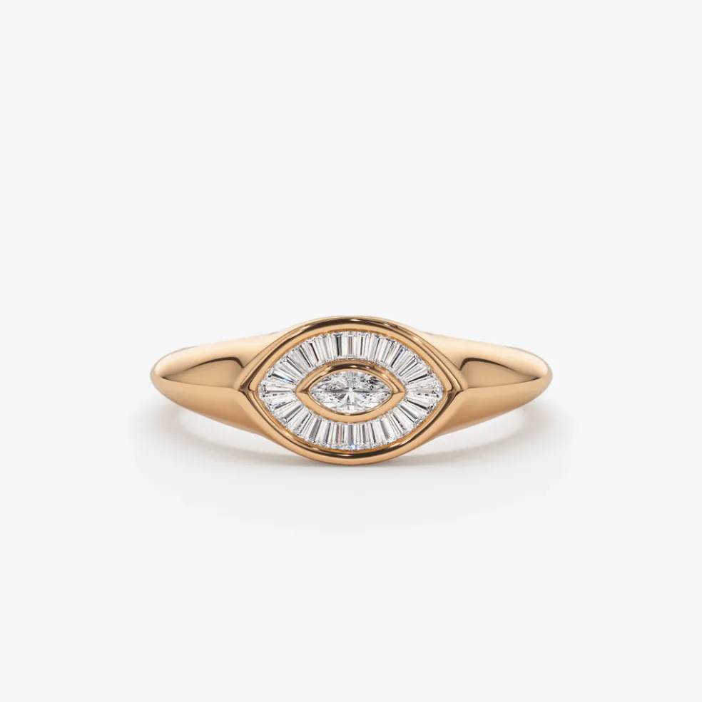 14k Gold Marquise Shape Baguette Diamond Ring